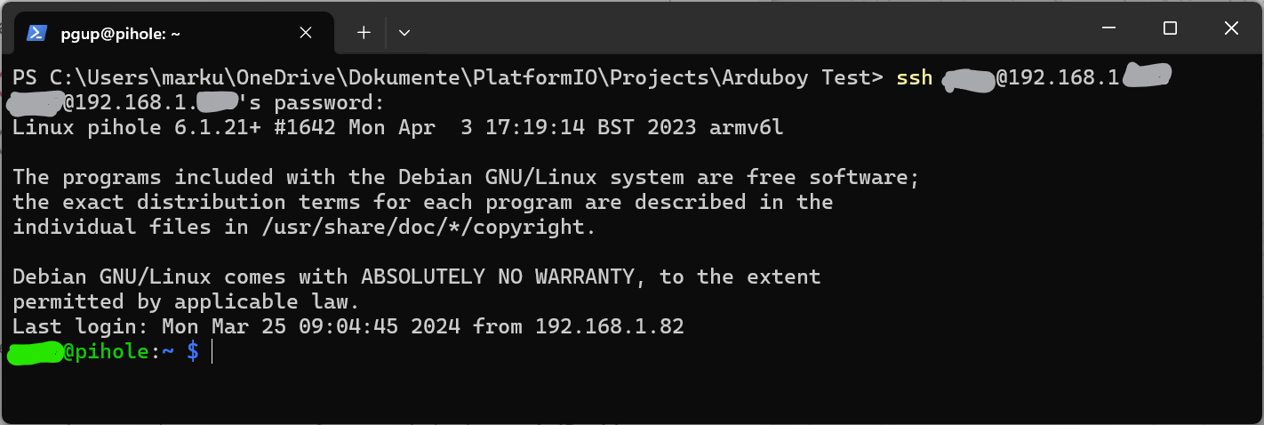Successfully ssh’d into the Pi Zero. Now we’re on the Pi Zero’s command prompt, ready to install stuff!