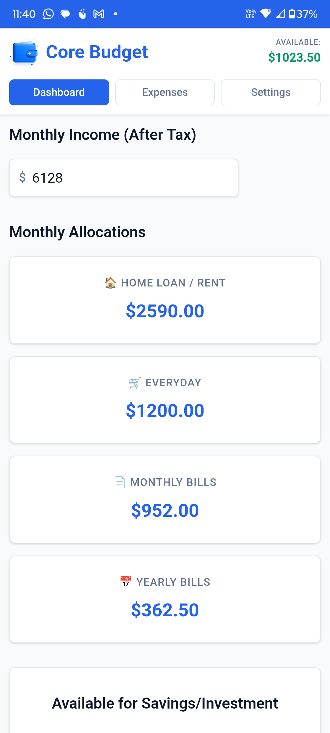 Dashboard makes it easy to see how to divide up your monthly income