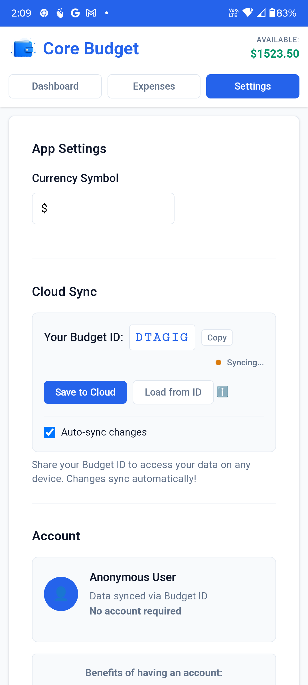 With auto-sync enabled, your data will be saved under a randomly generated Budget ID